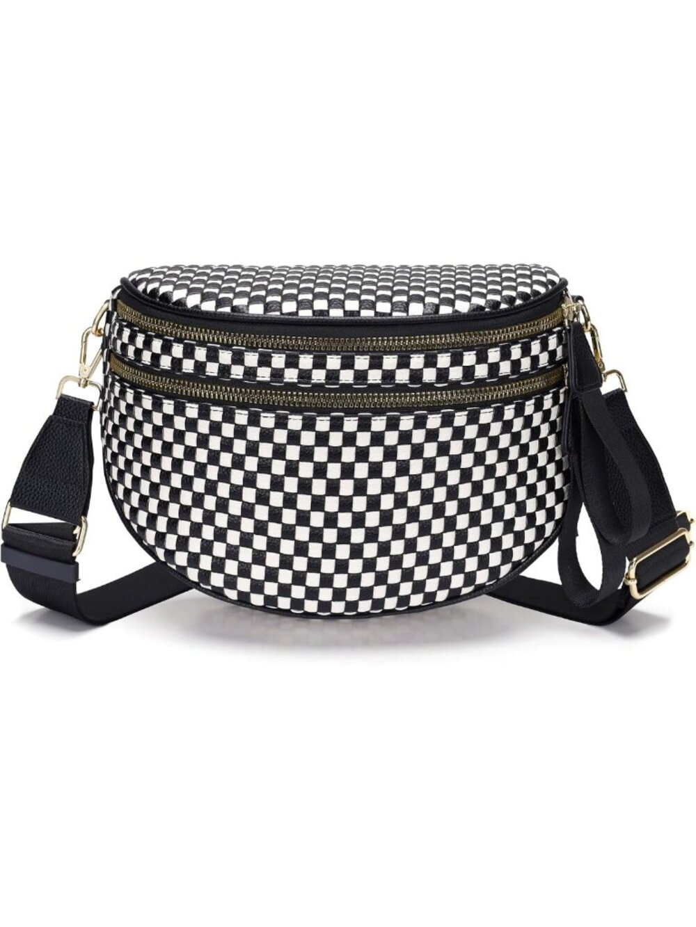 Chic Checkered Woven Crossbody Bum Bag - Vegan Leather, Double Zip, Adjustable